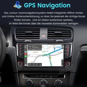 Junsun Autoradio für VW Golf 7 MK7. Integriertes GPS Navigationssystem zeigt Route auf Display im Armaturenbrett.