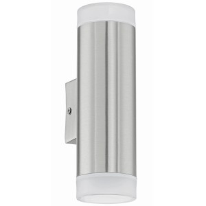 Moderne Eglo LED-Außenwandleuchte Riga aus Edelstahl und weißem Kunststoff.