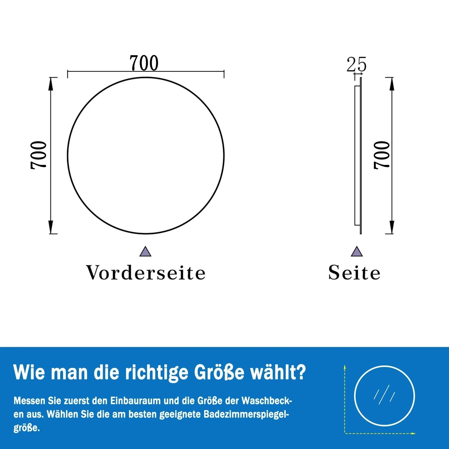 Skizze: Aica Sanitär Badspiegel rund, 70 cm Durchmesser, Seitenansicht mit Maßangaben.