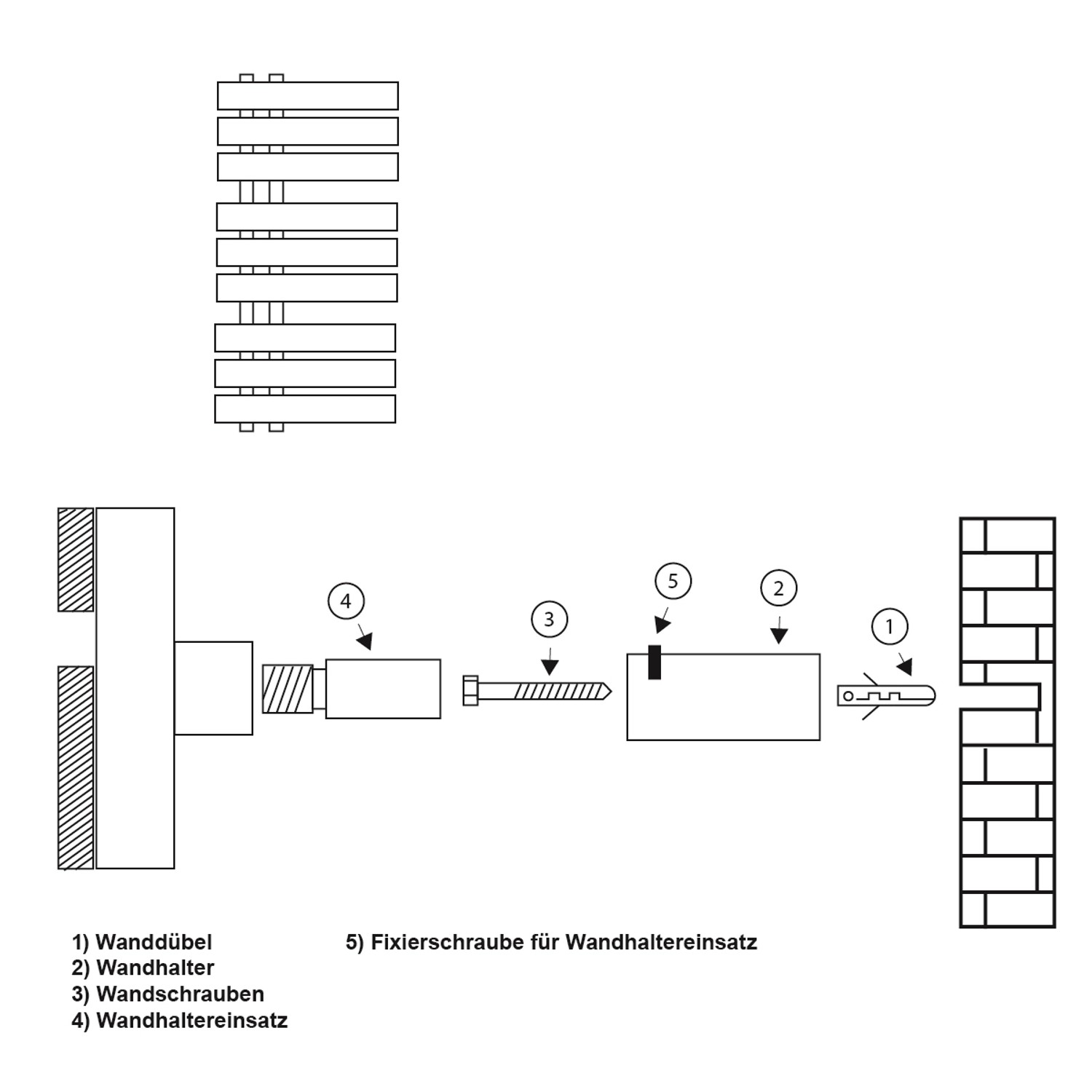 Montageanleitung für LuxeBath Badheizkörper Halterung mit Dübeln, Schrauben und Haltern.