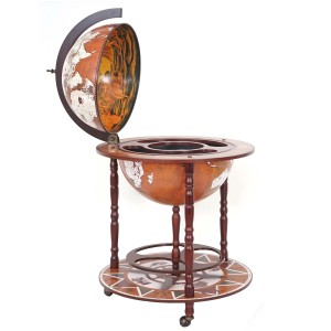 MCW Globusbar D86 Rollbar: Globus-Weinregal mit Weltkarte und Innenfächern für Flaschen und Gläser.