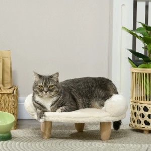 PawHut Hundesofa mit Holzbeinen, creme-weiß, mit liegender Katze. Gemütliche Hundecouch für kleine Hunde.
