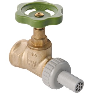 Sanitop-Wingenroth Durchgangsventil 13 mm aus Messing mit grünem Griff und Schlauchverschraubung.