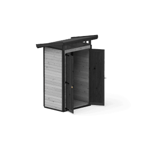 Graues Upyard Gartenhaus Strongbox S mit Fundament und geöffneten Doppeltüren.