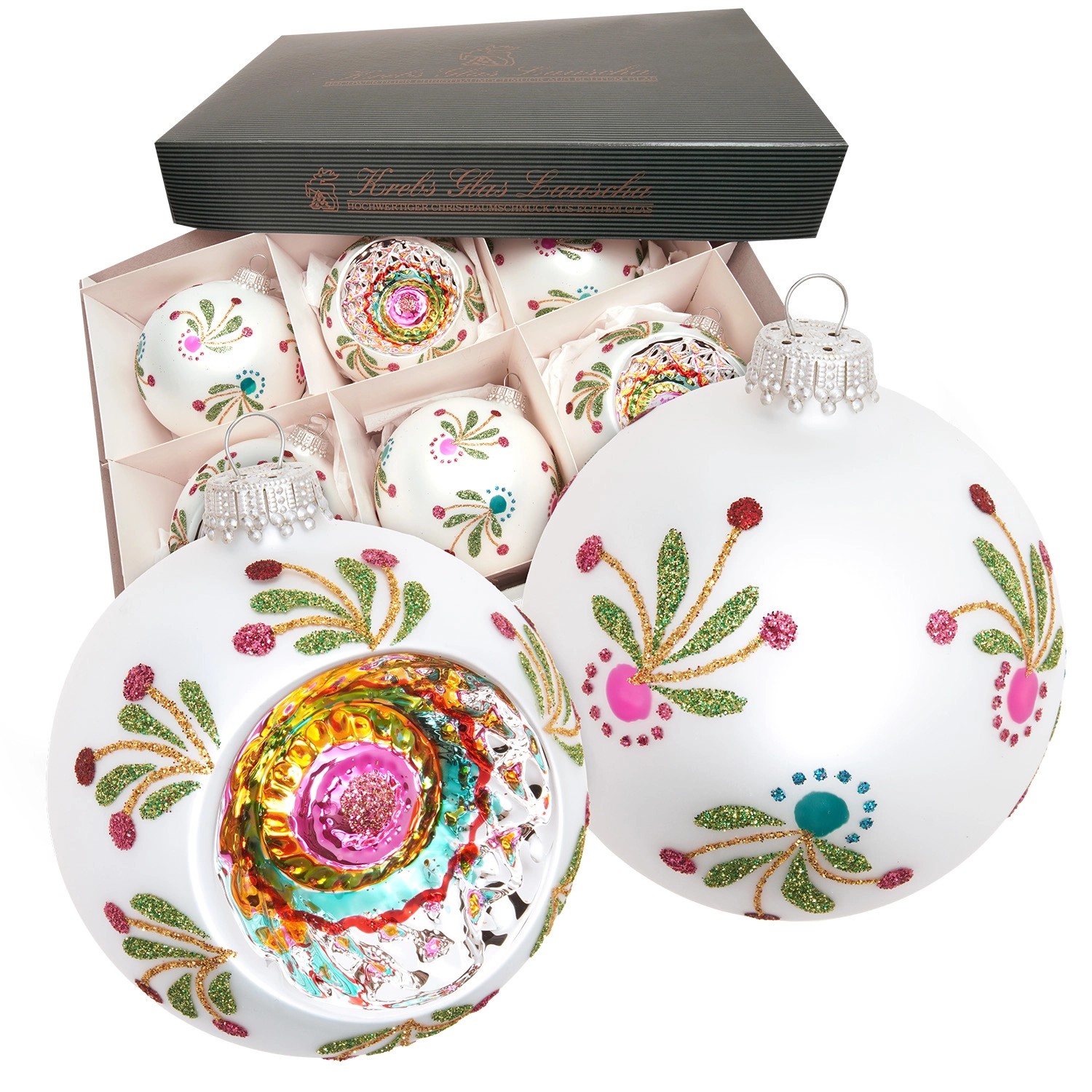 Krebs Glas Lauscha Weihnachtskugeln Reflex- und Kugelset Amy Silberfarbig 8cm