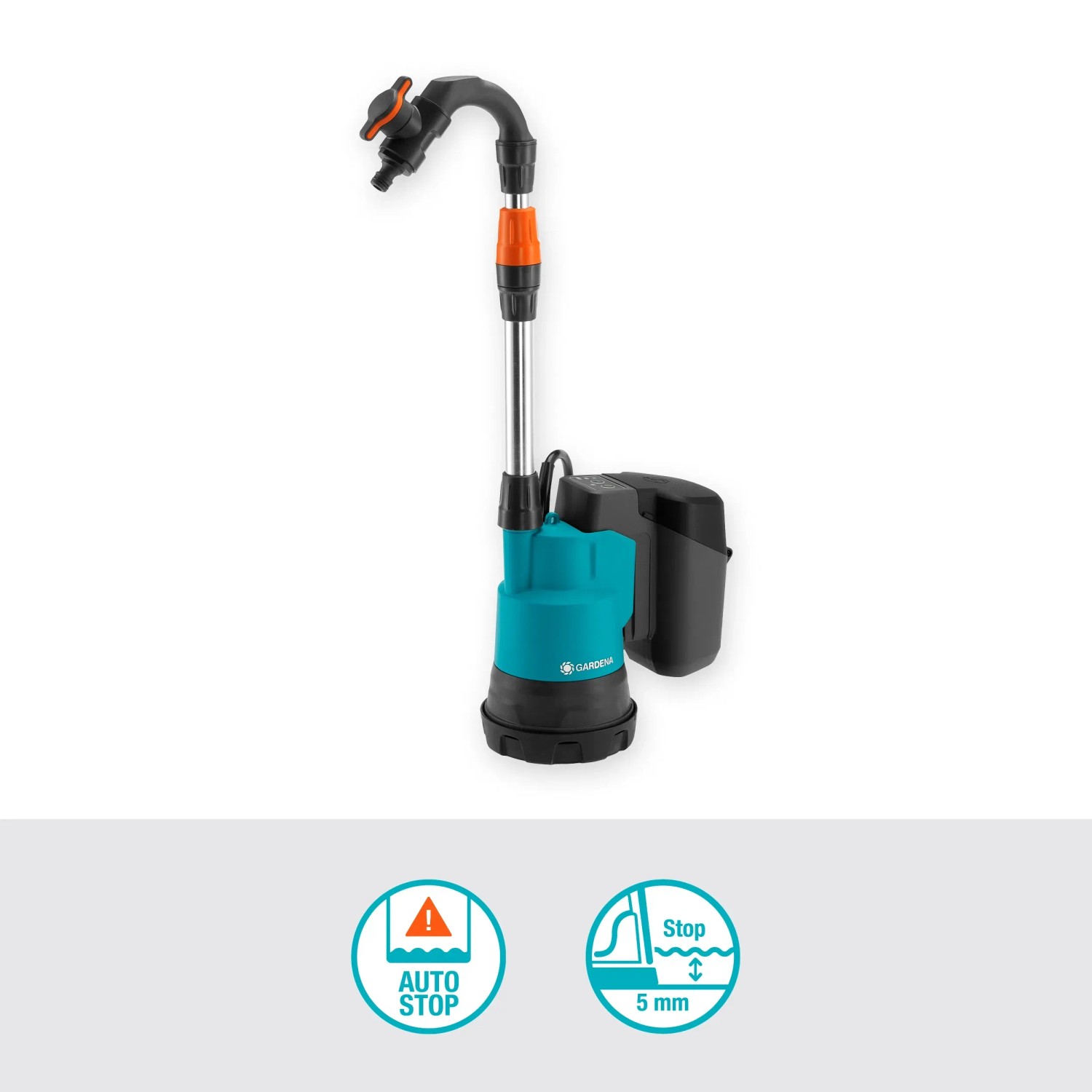Gardena Akku-Regenfasspumpe 2000/2 mit Akku und Ladegerät für die Gartenbewässerung.