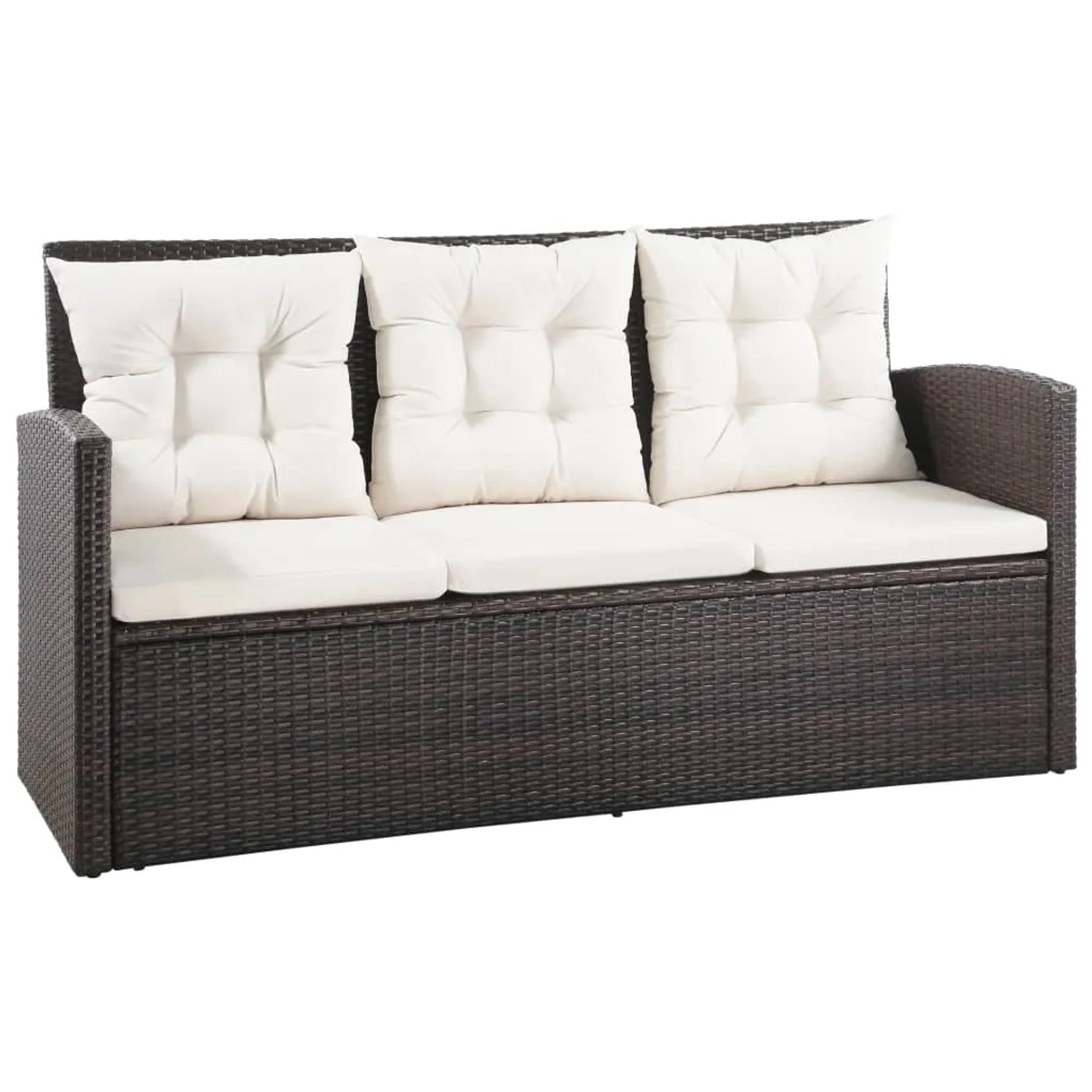 Braunes 5-tlg. vidaXL Garten-Lounge-Set aus Rattan mit cremeweißen Auflagen.