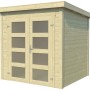 Lasita Holz-Gartenhaus Zambezi 1: Naturfarbenes Gartenhaus mit Doppeltür und Fenstern.