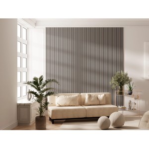 Helles Wohnzimmer mit hellgrauem Akustikpaneel (2 Stk.) an der Wand.