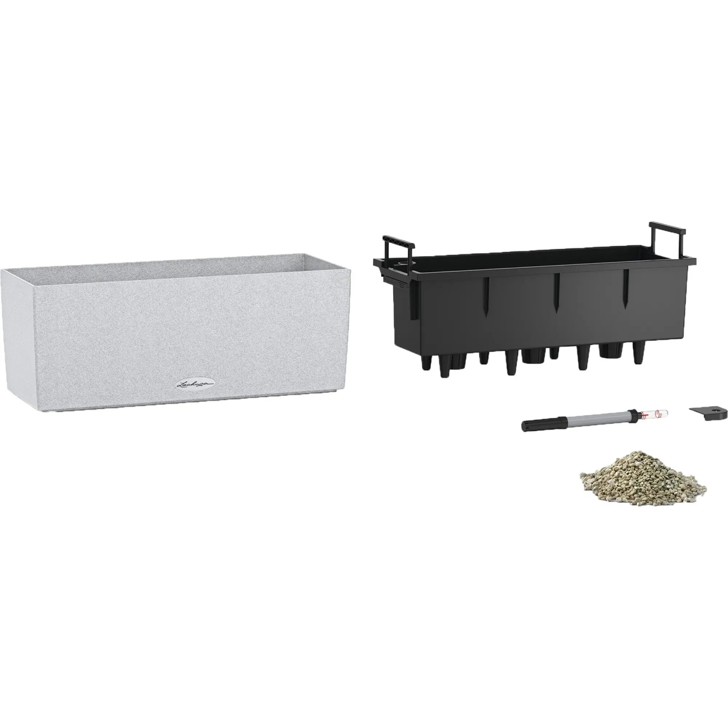 Lechuza Balconera Stone 50 Quarzweiß, Blumenkasten mit Bewässerungssystem und Zubehör.