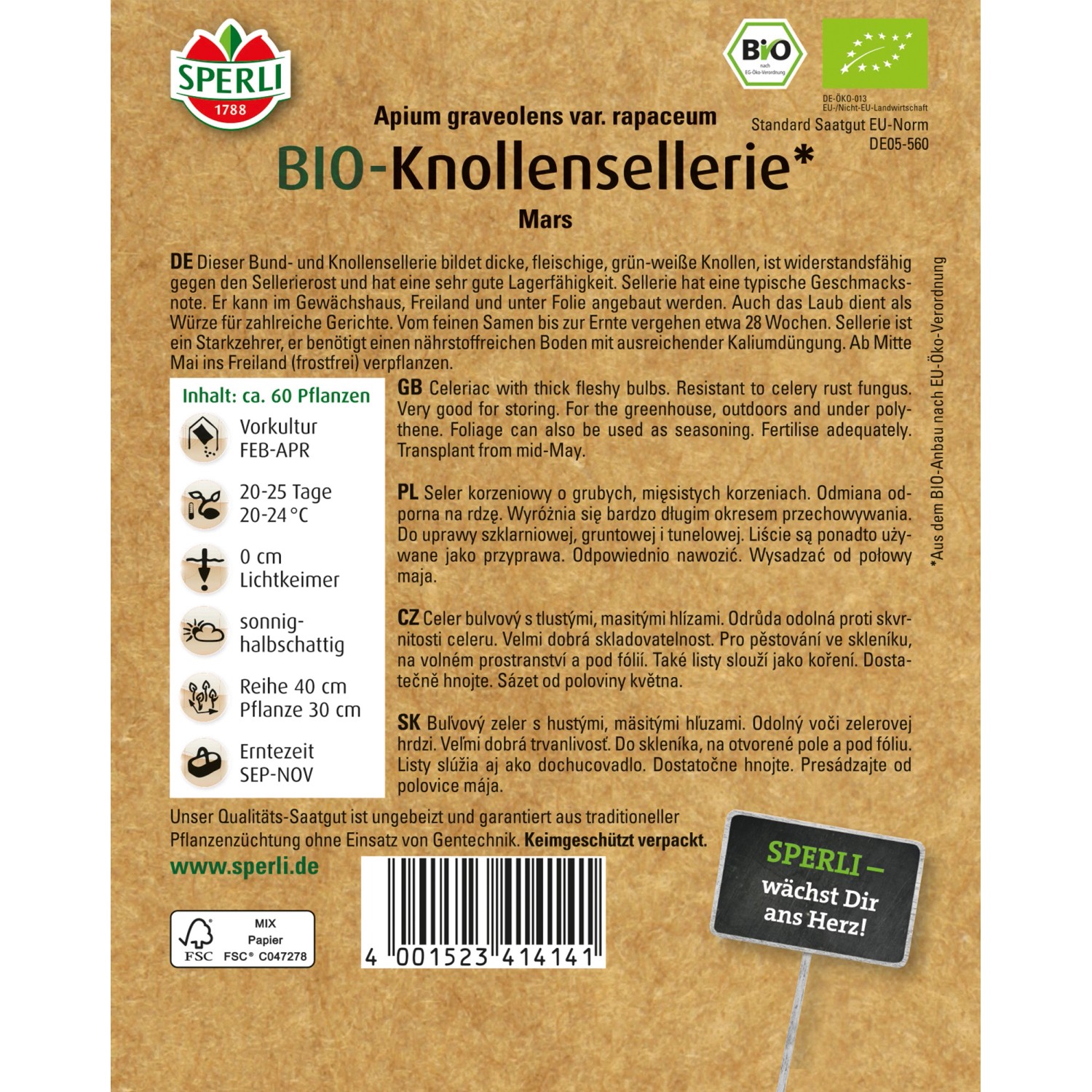 Sperli Bio Knollensellerie Samenpackung, ideal für den Gemüseanbau im Garten.