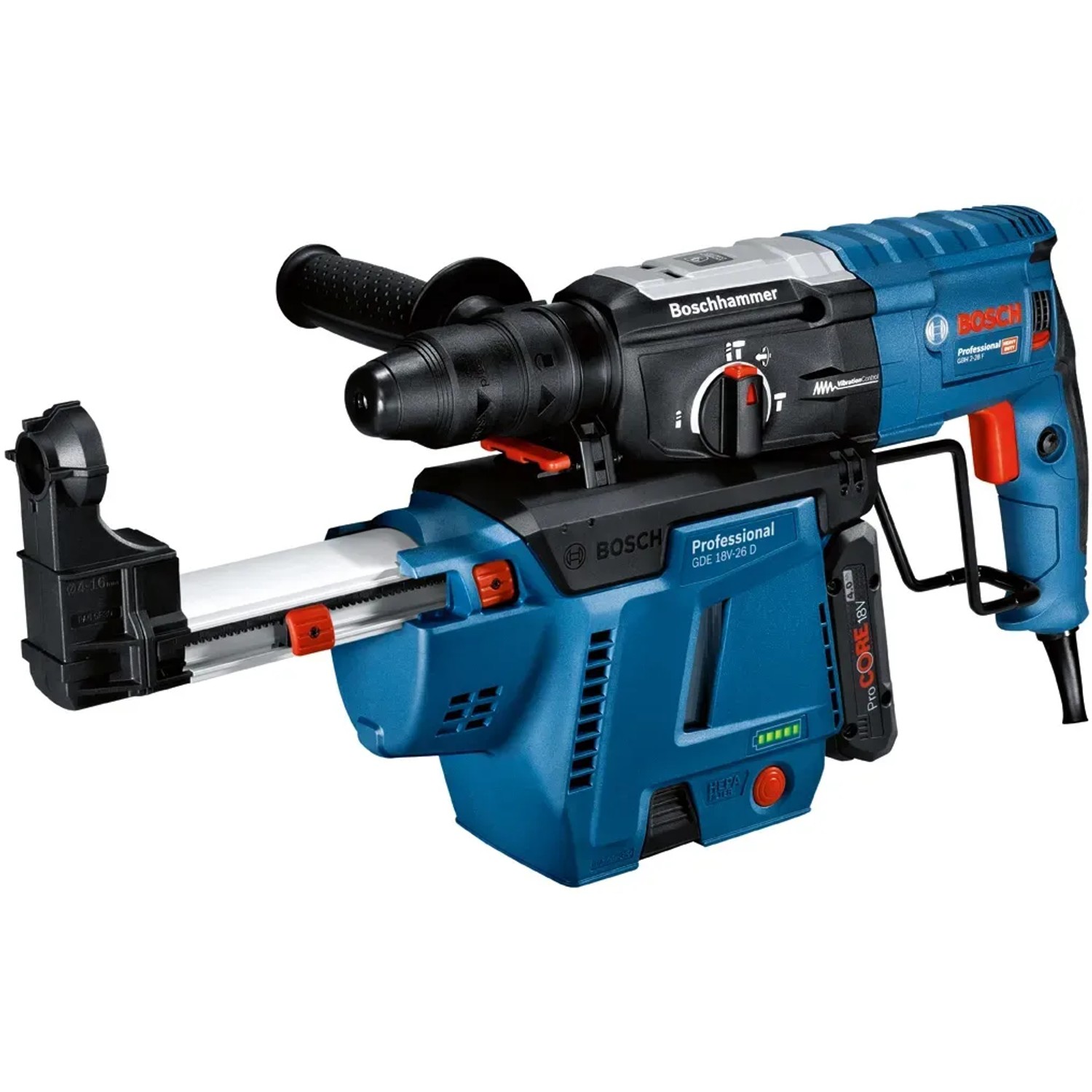 Bosch Professional GDE 18V-26D Akku-Staubsauger mit Bohrmaschine für staubfreies Arbeiten.