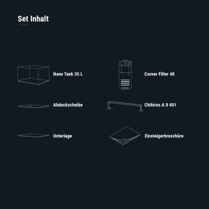 Dennerle Nano Tank Pro 35l Set: Aquarium, Filter, LED-Leuchte, Abdeckung, Unterlage, Broschüre.