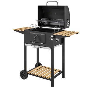 Outsunny Holzkohlegrill mit Deckel, Ablagen und Thermometer. Grillwagen aus Edelstahl und Kiefernholz.