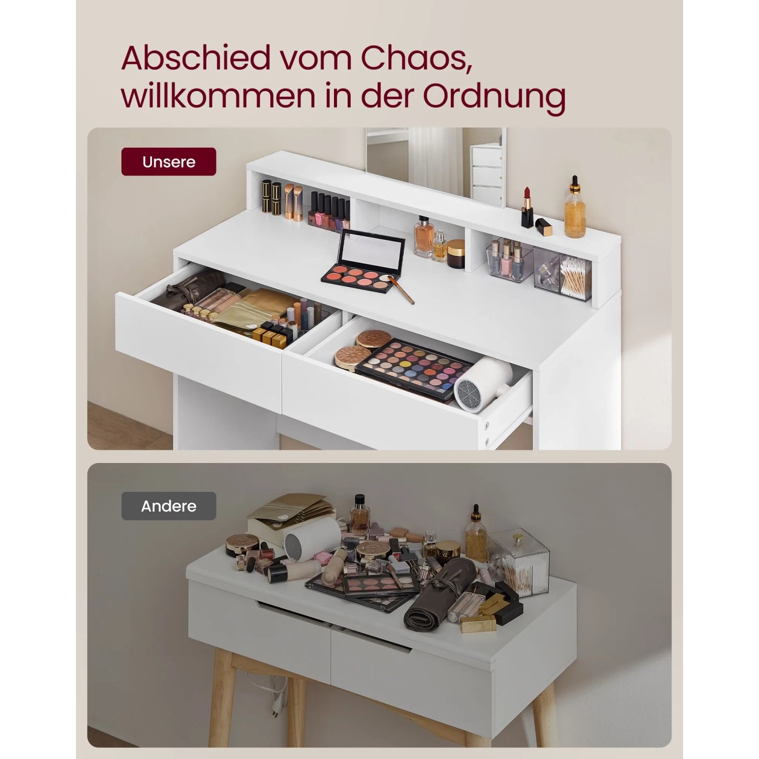 Weißer Vasagle Schminktisch mit Spiegel, Schubladen und Fächern für Make-up.