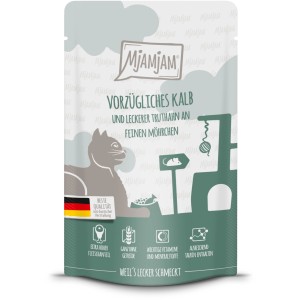 Mjamjam Quetschie Katzen-Nassfutter Kalb & Truthahn mit Möhrchen, 125g Packung.