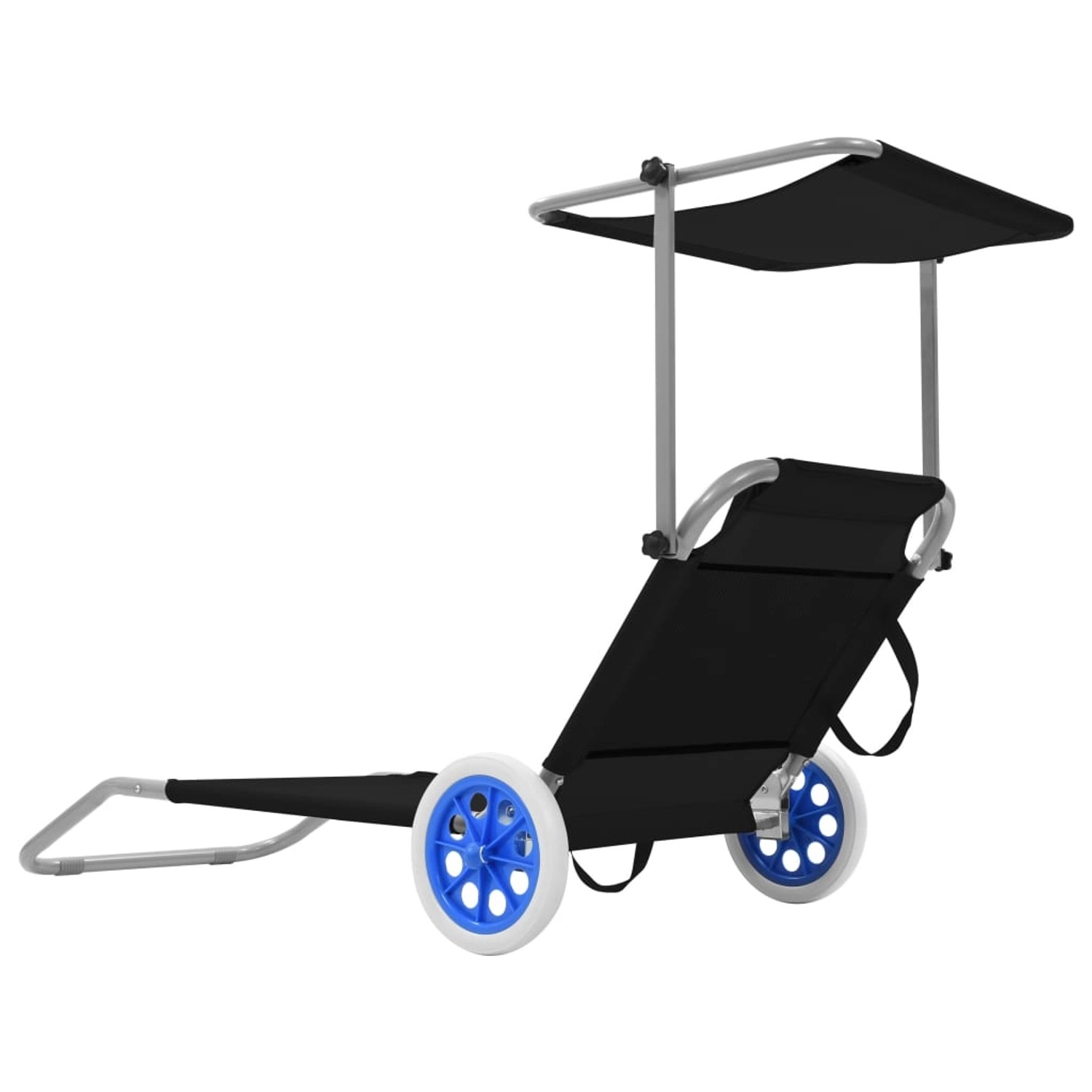 Schwarze vidaXL Klappliege mit Sonnenschutz und Rädern aus Stahl.