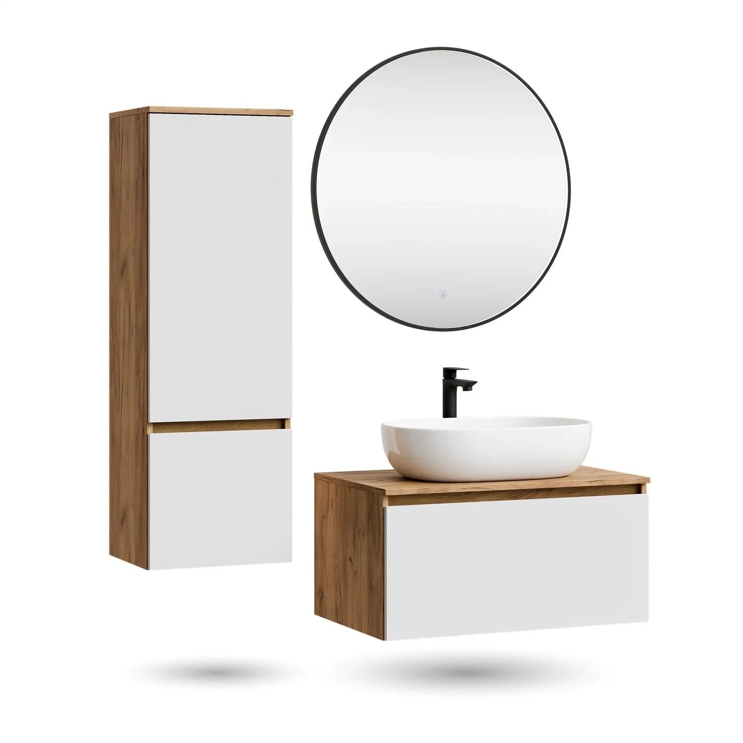 Planetmöbel ARISA Badmöbel Set 80 cm Weiß Matt mit Hochschrank Veluna LED Spiegel 80 cm und Keramik Aufsatzwaschbecken 60 cm in Weiß Soft Close