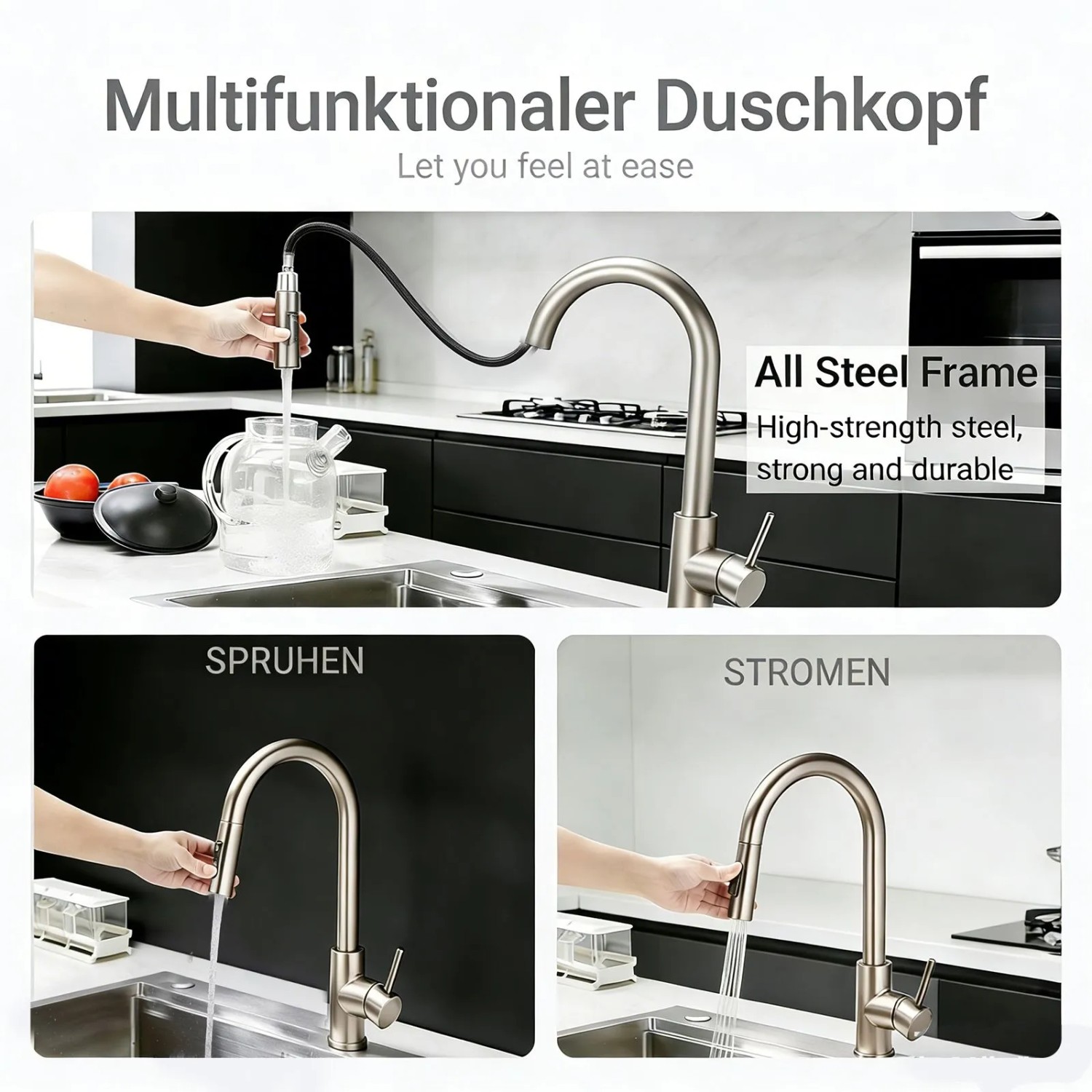 AICA Küchenarmatur mit ausziehbarer Brause, gebürstet, verschiedene Strahlarten.