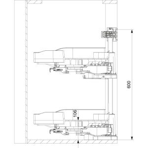 Technische Zeichnung Ninka Eckauszug Trigon, 2 dunkelgraue Halbkreis Drehböden 500mm. Seitenansicht des Ordnungssystems für Küchenschränke mit Maßen.