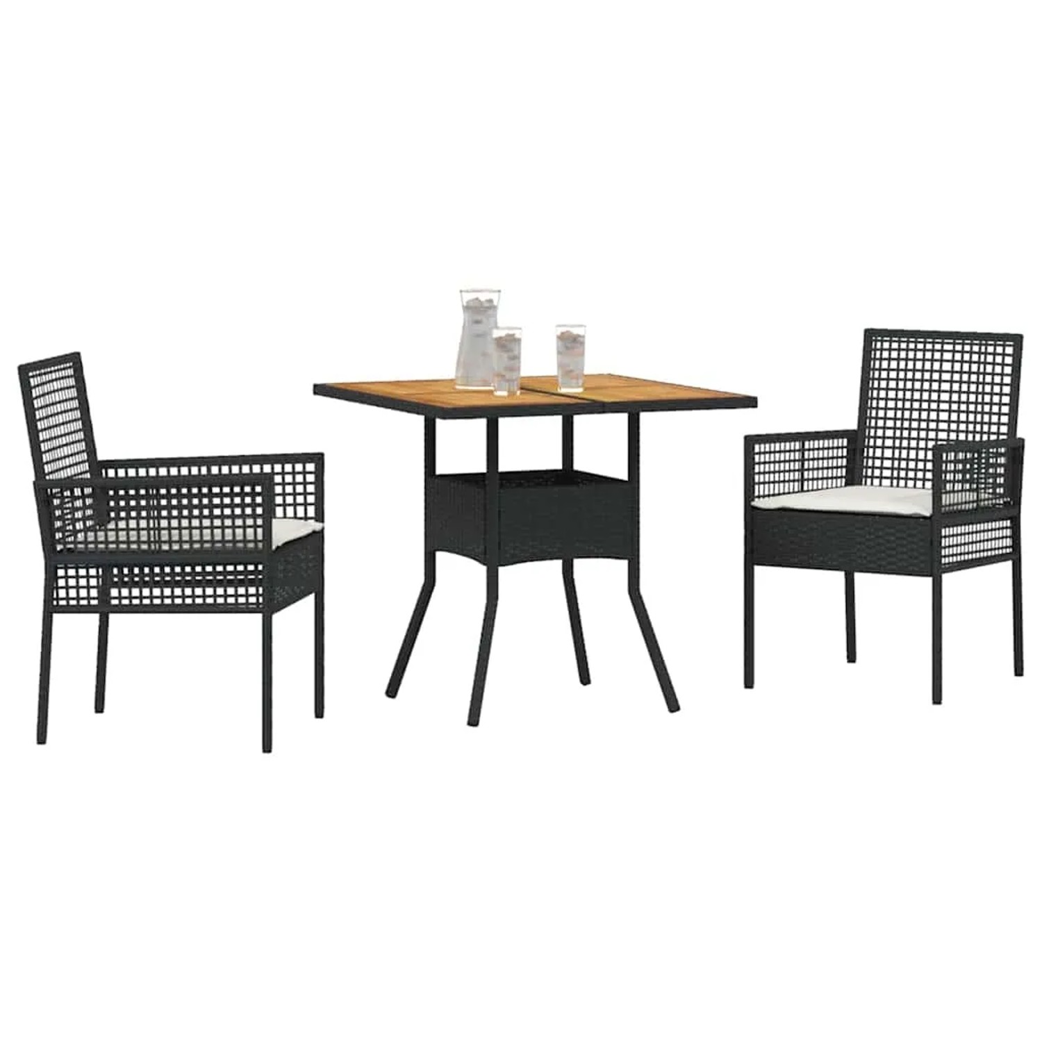 Schwarze 3-tlg. vidaXL Garten Essgruppe aus Poly Rattan mit Tisch und zwei Stühlen.