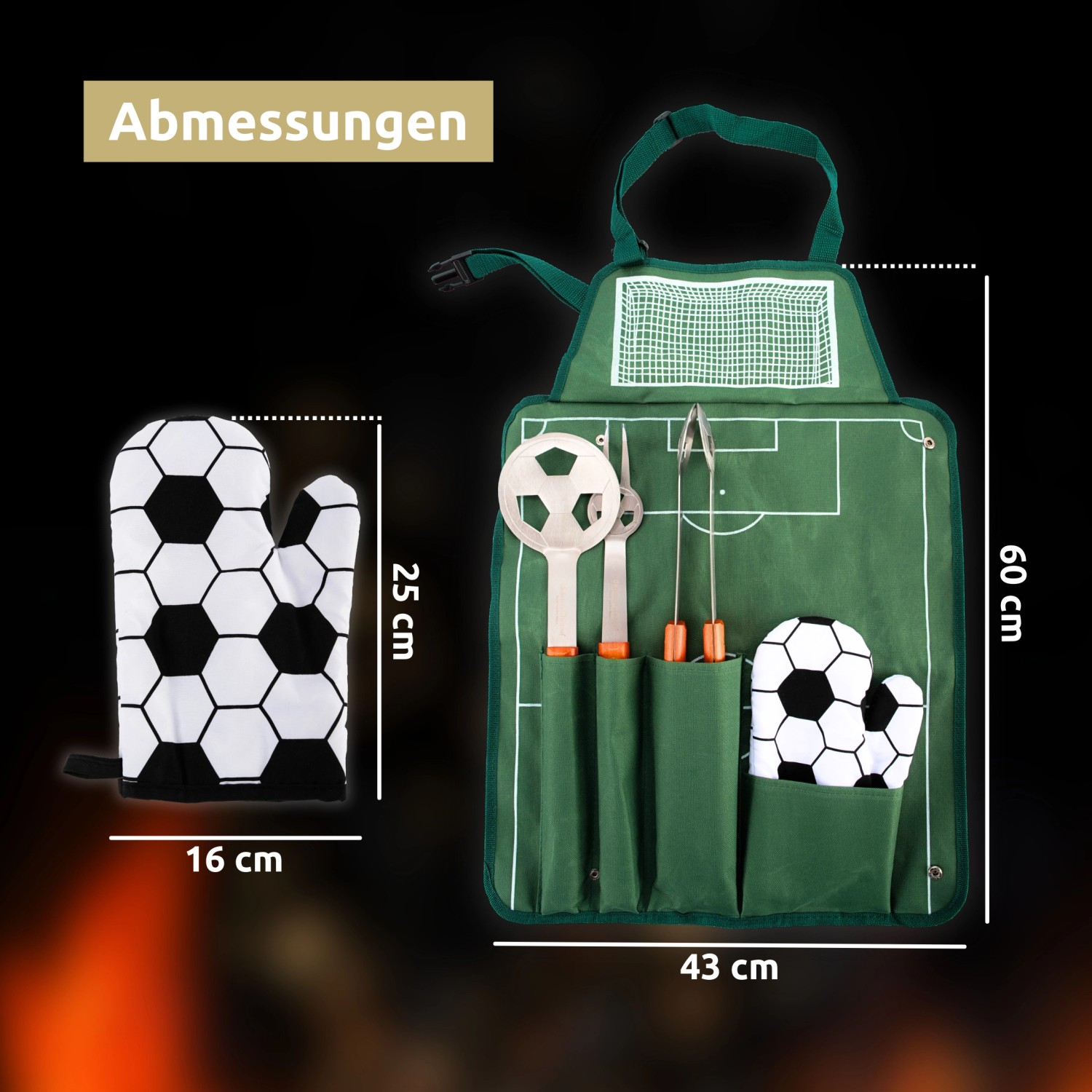 Grill Set Fußball Design - Grillbesteck Mit Zange, Gabel, Wender & Grillhandschuh