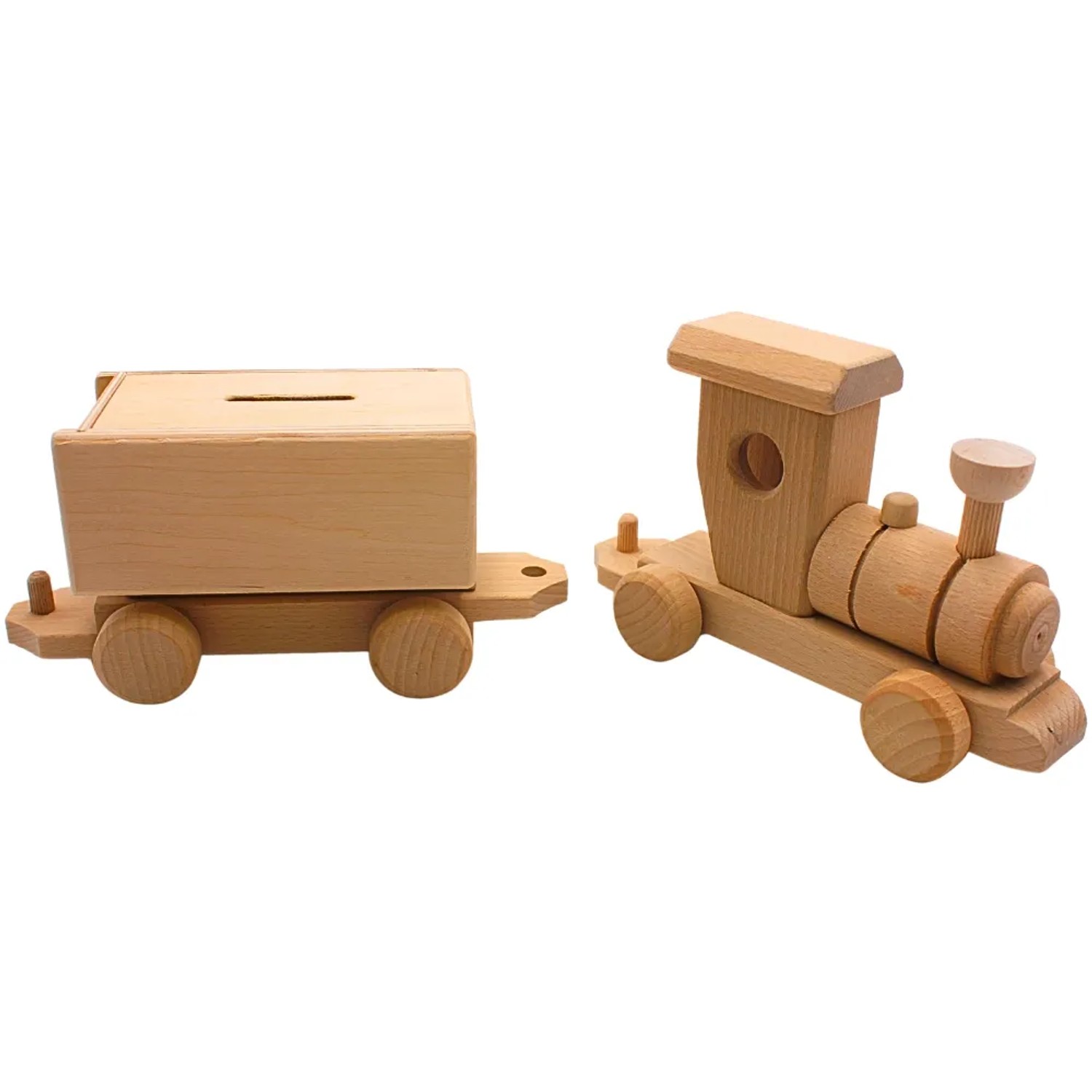 Dekohelden24 Dekorative Fahrbare Holz Spardose Sparbüchse Lokomotive Eisenbahnspardose mit Wagon aus Buchenholz zum Gestalten L/B/H 36 x 8 x 12 cm