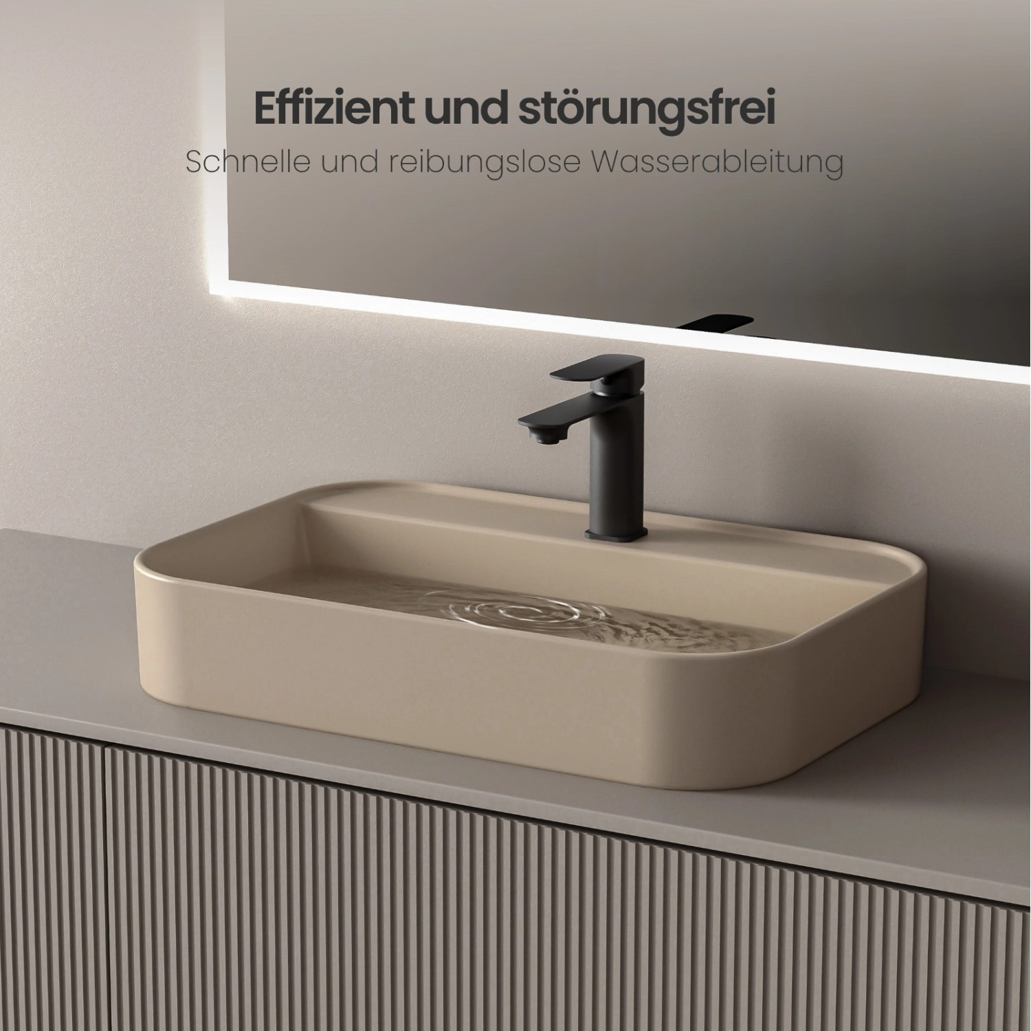 Mattbeige Emke Aufsatzwaschbecken, 60x40 cm, abgerundetes, rechteckiges Design aus Keramik.