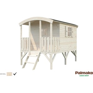 Palmako Spielhaus Huck 2,4 m² aus Holz mit Treppe und überdachter Veranda.