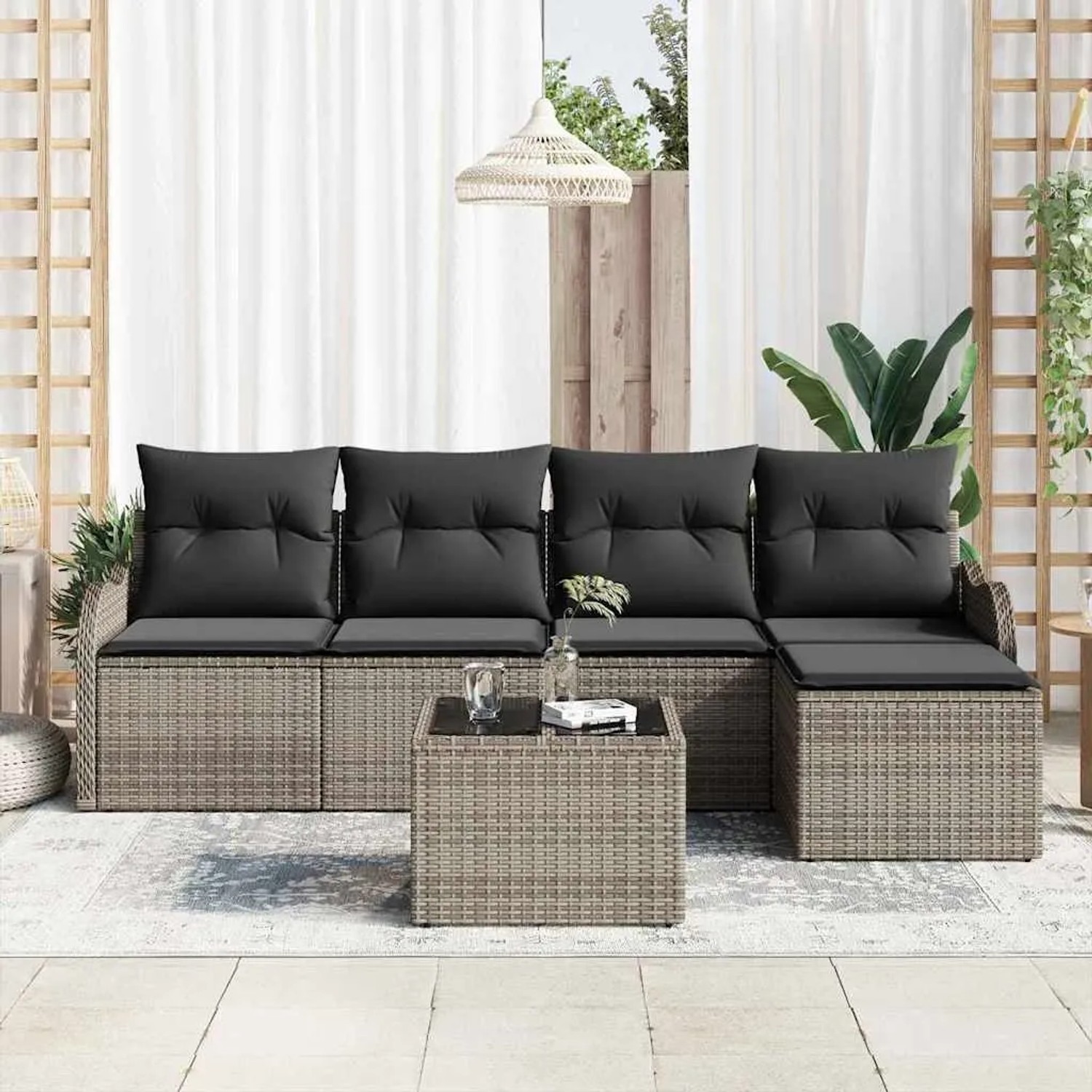 Graues 6-tlg. vidaXL Garten-Sofa-Set aus Poly Rattan mit Kissen und Tisch.