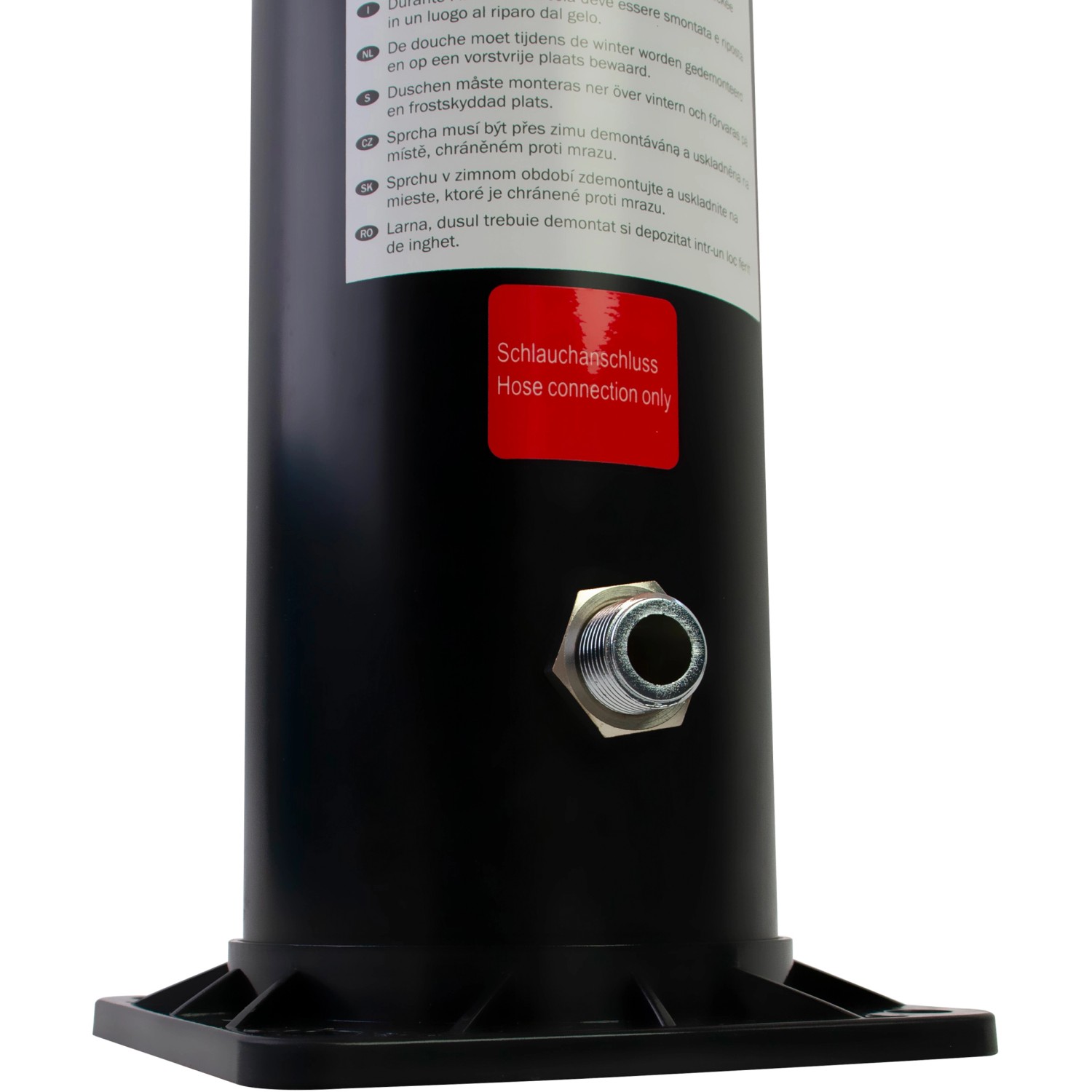 Detailaufnahme Solardusche Menorca: Schlauchanschluss für Gartenschlauch.