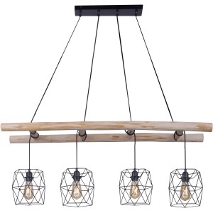 Schwarze 4-flammige Pendelleuchte Edgar mit Holzbalken im Vintage-Look.