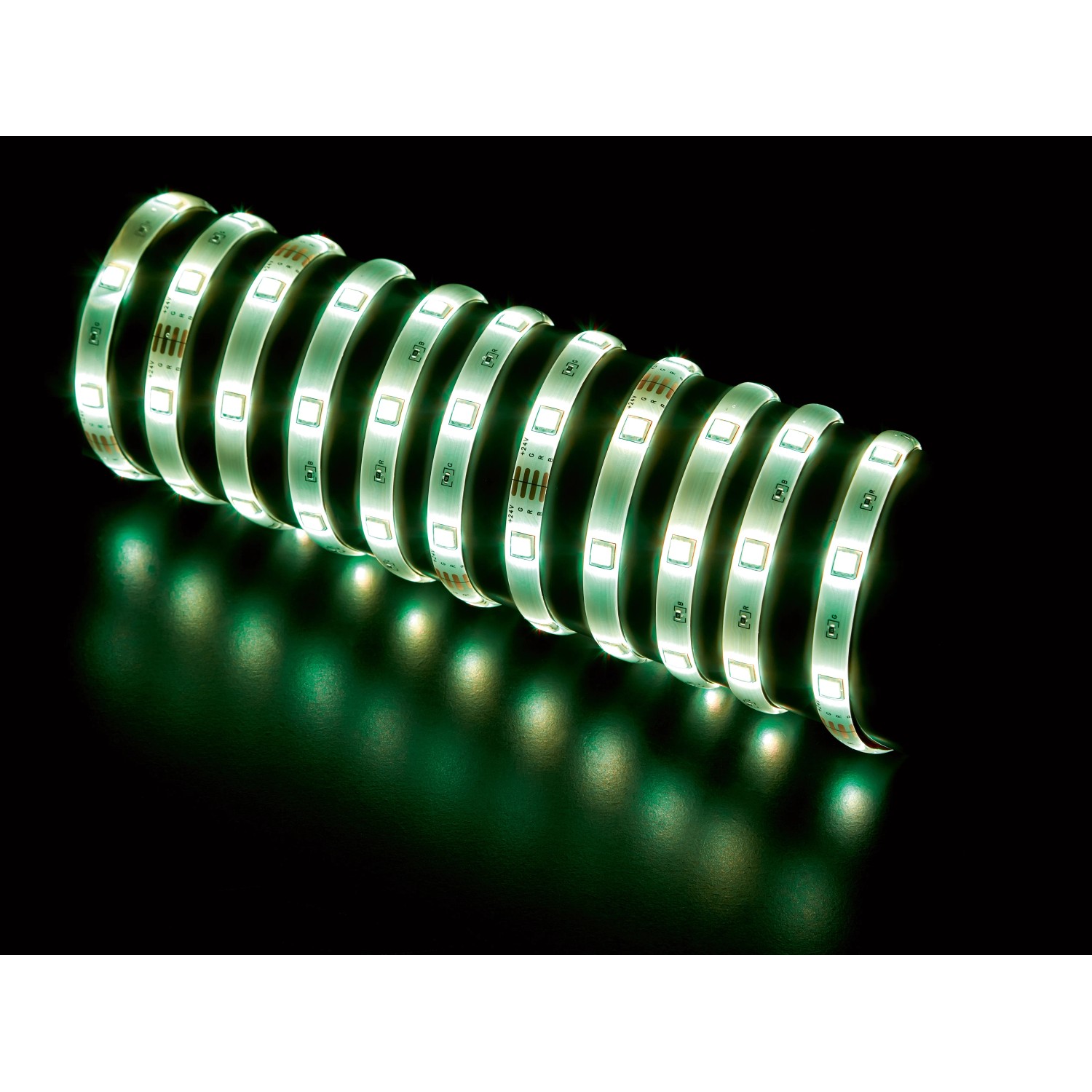 Aufgerolltes LED-Flexband RGB, 10 m, grün leuchtend, mit Fernbedienung. Dekoratives Licht für Innenräume.