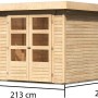Karibu Holz-Gartenhaus Raala, unbehandelt, mit Pultdach und Maßangaben.