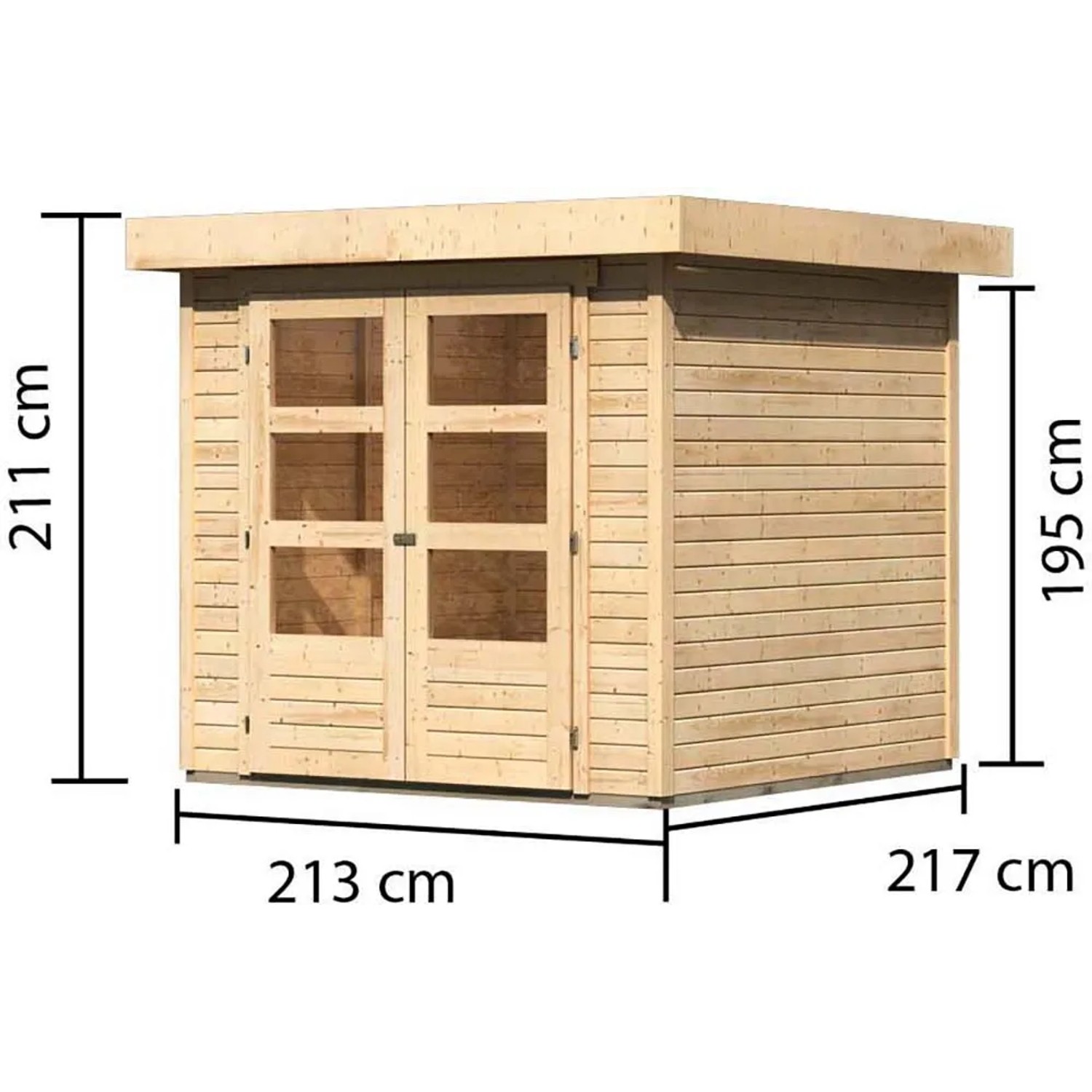 Karibu Holz-Gartenhaus Raala, unbehandelt, mit Pultdach und Maßangaben.