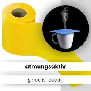 Gelber Sensalux Vlies-Tischläufer (15cm x 25m) neben einer Tasse mit Deckel.