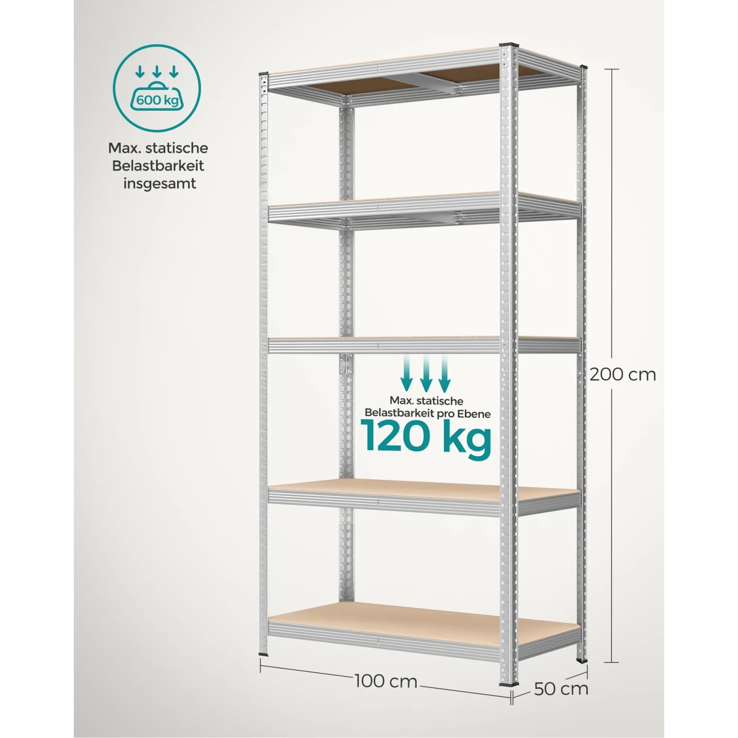 Silbernes Songmics Lagerregal, 50x100x200 cm, mit 5 Regalböden. Ideal für Garage und Keller.