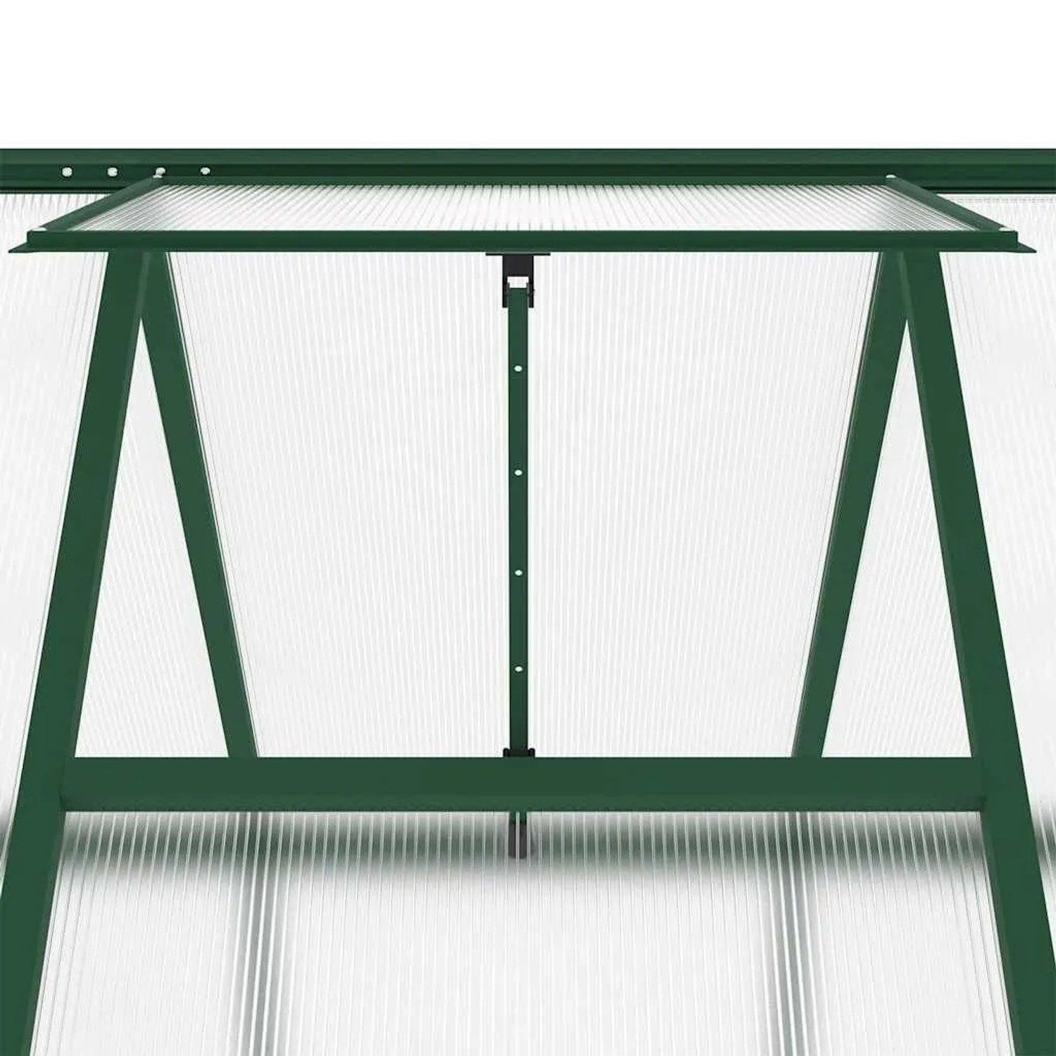 Detailaufnahme: Grünes vidaXL Gewächshaus mit Lüftungsfenster und Aluminiumrahmen.