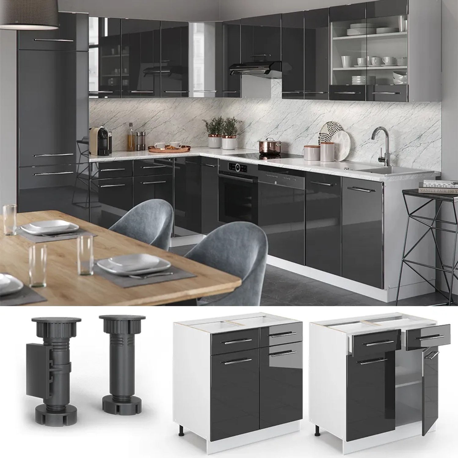 Vicco Küchenunterschrank Fame-Line, anthrazit hochglanz/weiß mit Eiche Arbeitsplatte.