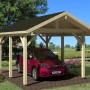 Palmako Carport Robert aus Naturholz, Einzelcarport mit dunklem Dach und rotem Auto.