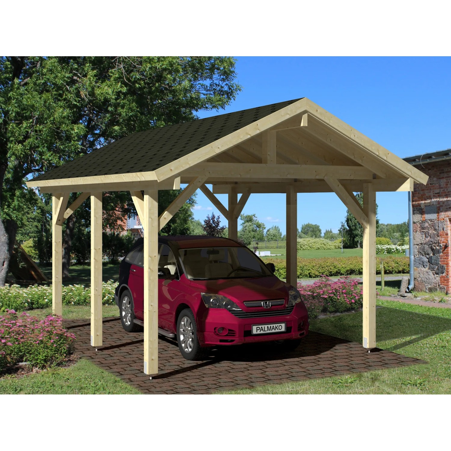 Palmako Carport Robert aus Naturholz, Einzelcarport mit dunklem Dach und rotem Auto.