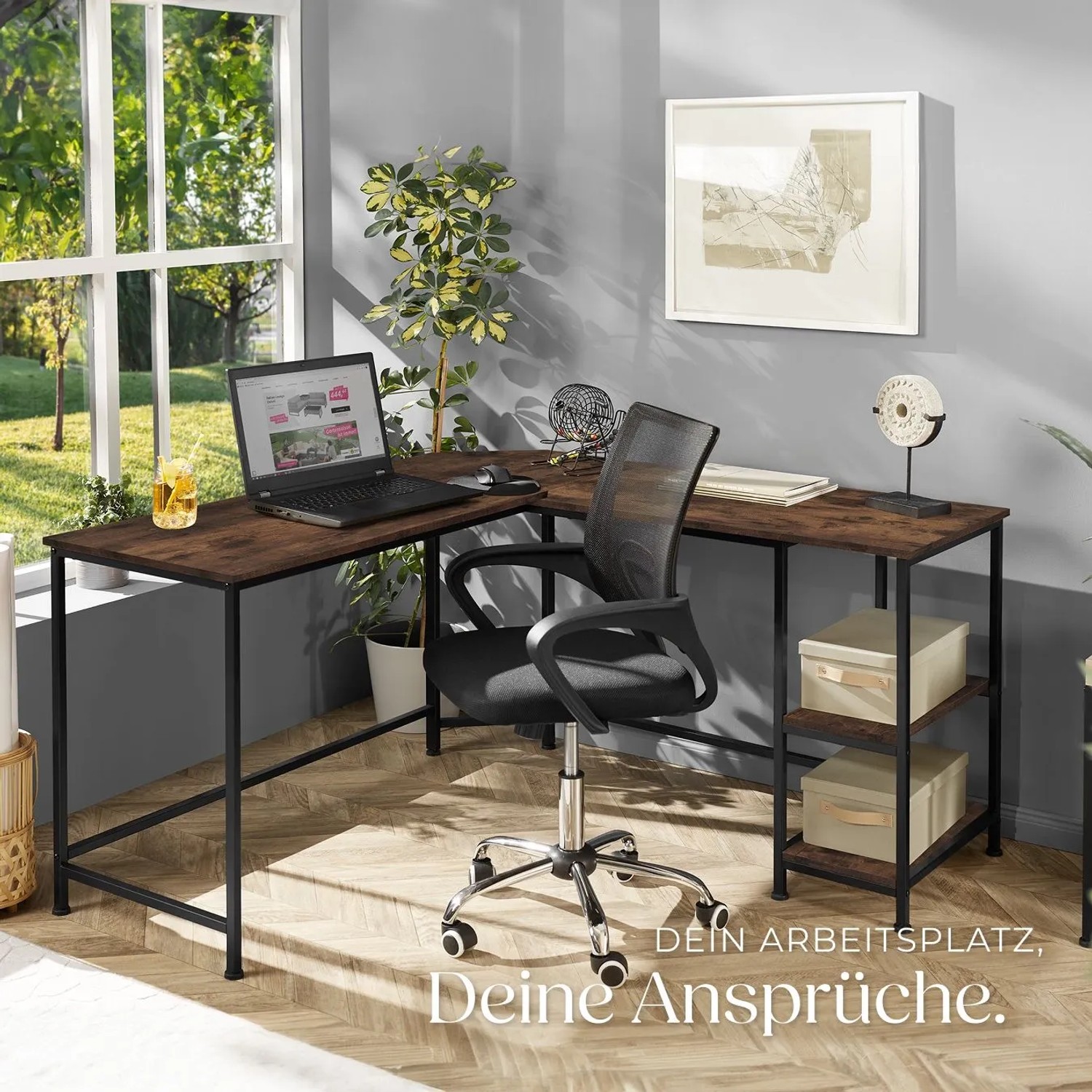 Tectake Eckschreibtisch im Industrial Style mit Stahlgestell und Ablagefächern.