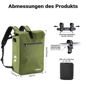 Wiltec Gepäckträgertasche Oliv 25L Fahrradtasche Rucksack Gepäcktasche