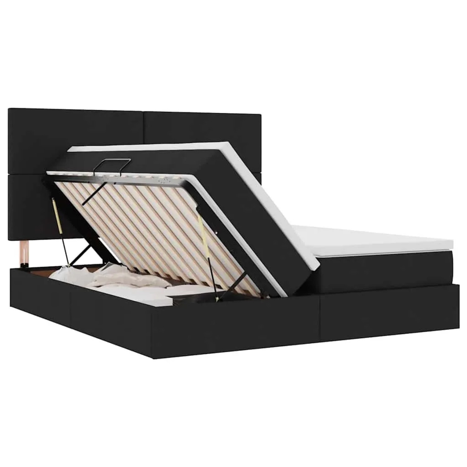 Schwarzes vidaXL Bett (200x200 cm) mit LED-Leisten und Stauraum unter der Matratze.
