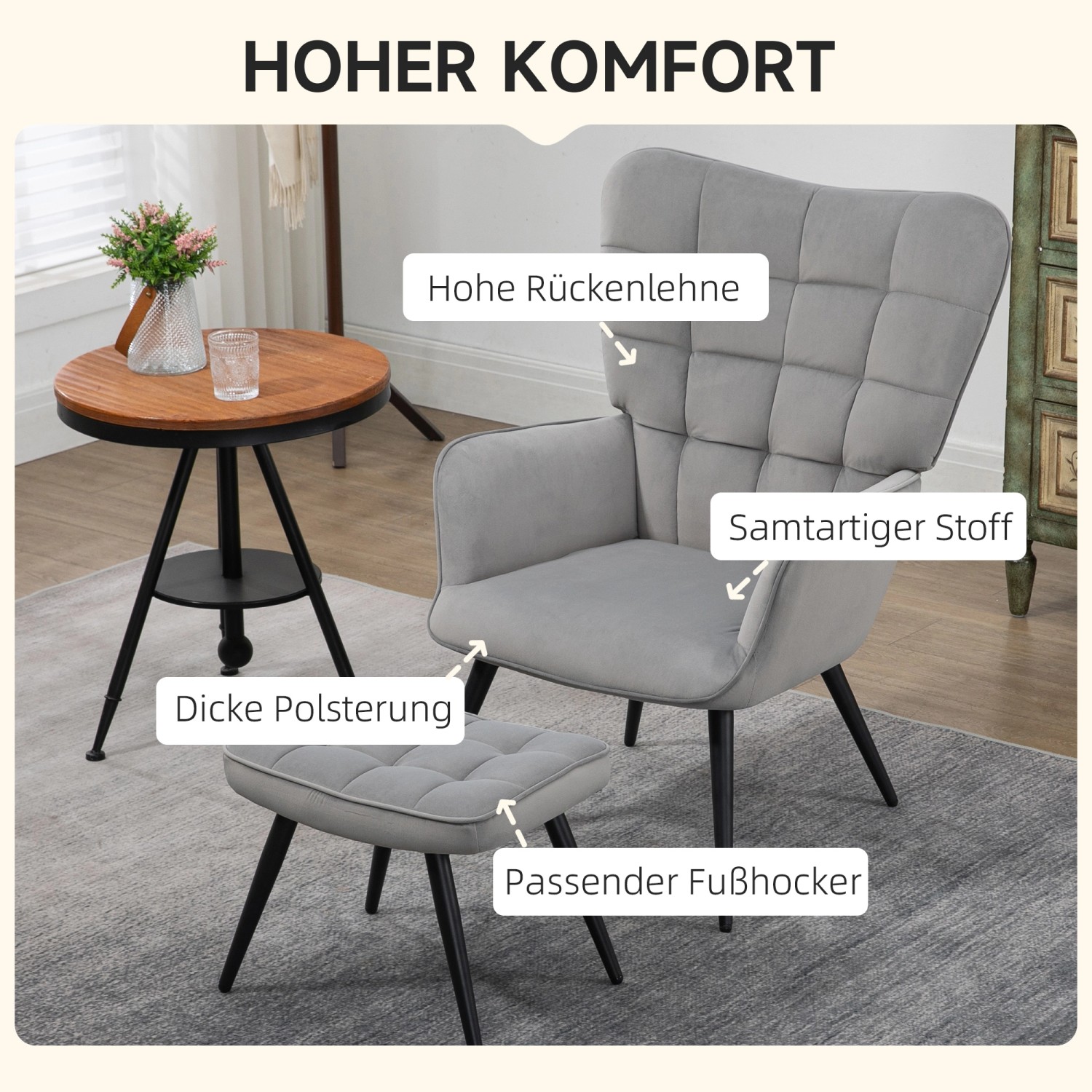 Grauer HOMCOM Esszimmerstuhl mit Hocker, Samtbezug und Stahlbeinen.