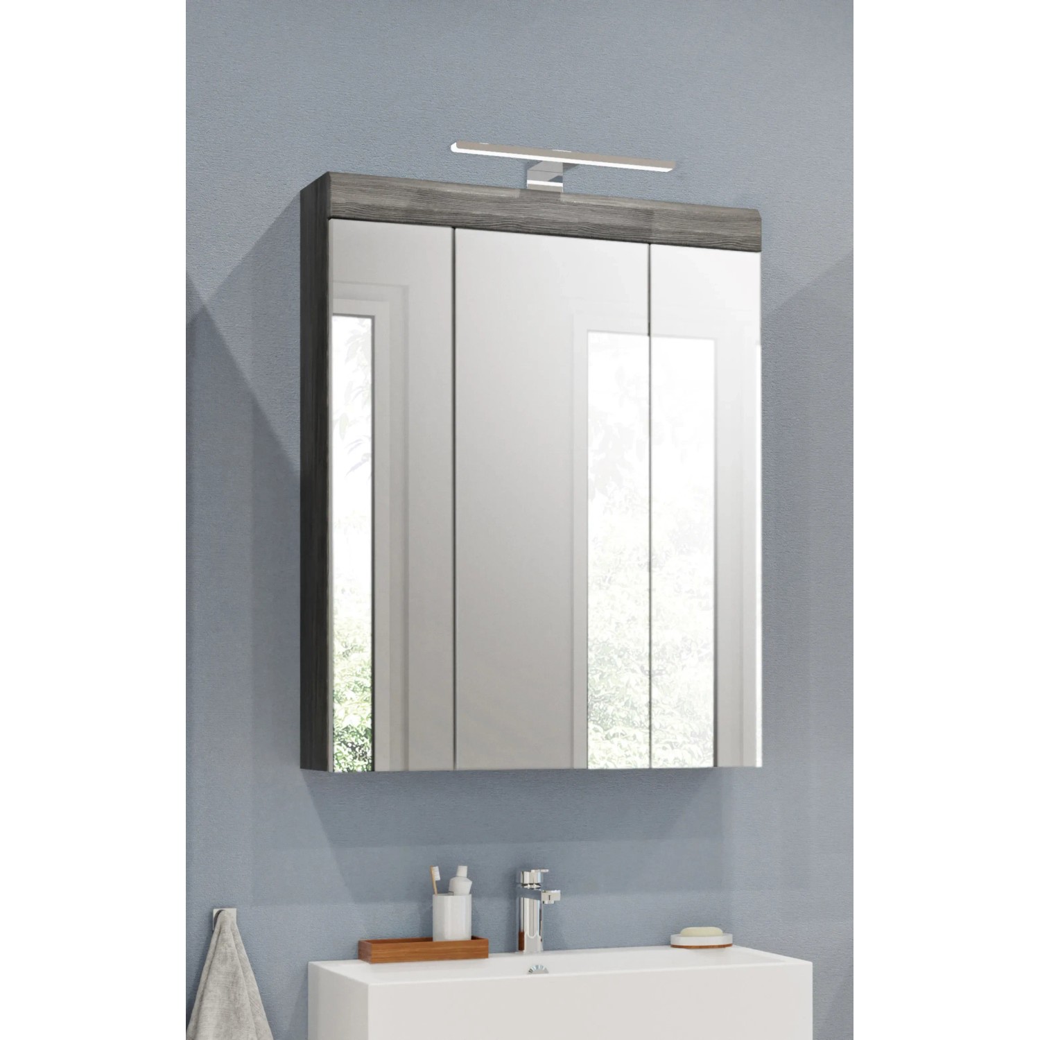 Spiegelschrank mit Beleuchtung, 60x79x18 cm, Weiß und Rauchsilber Dekor.