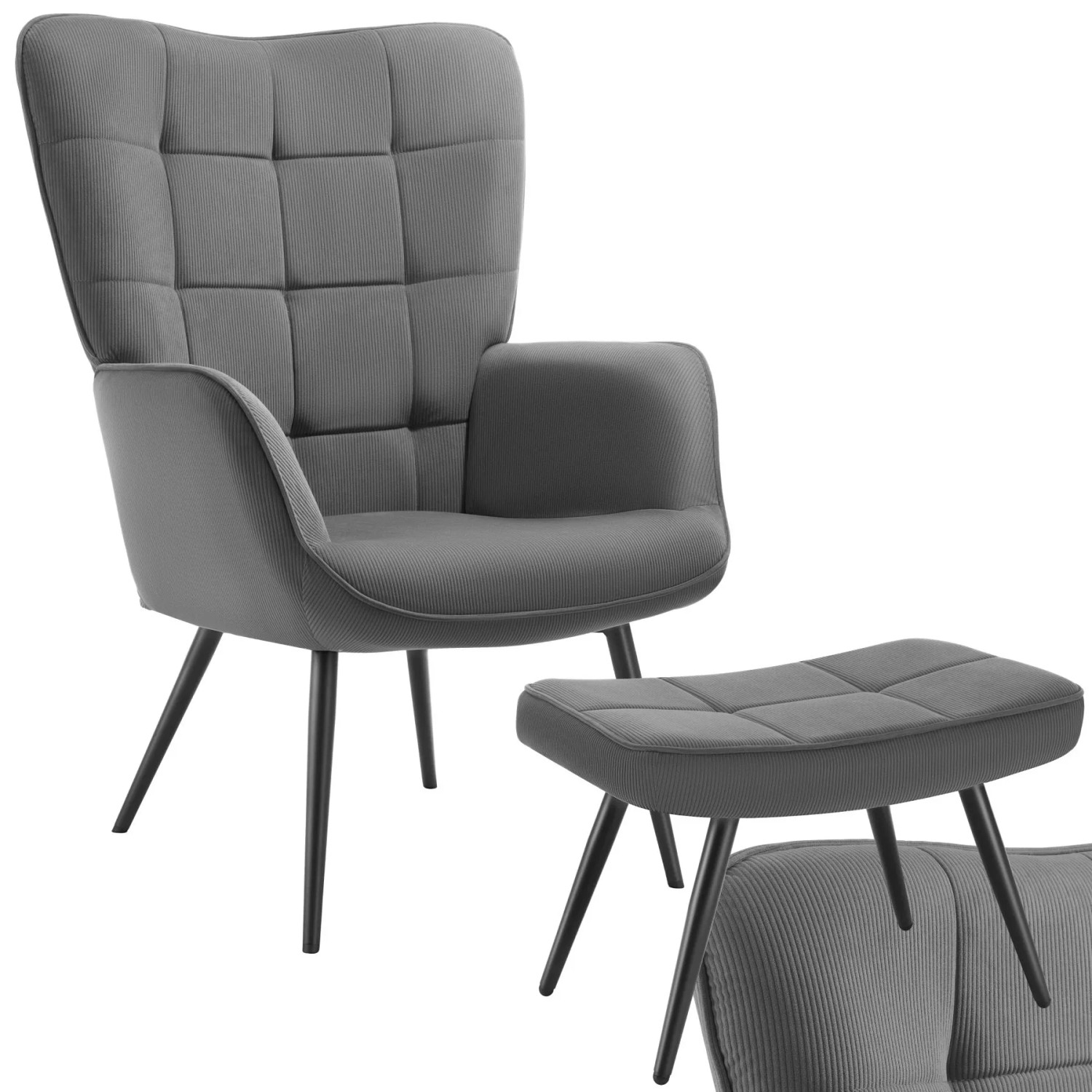Tectake Sessel Hygge Gepolstert Armlehnen und Ergonomische Rückenlehne  76 x 72 x 100 50 cm Feincord Anthrazit Schwarz