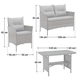 Graue Svita Dallas Rattan-Lounge Sitzgruppe: 2 Sessel, Sofa, Esstisch mit Glasplatte. Gartenmöbel-Set für Outdoor.