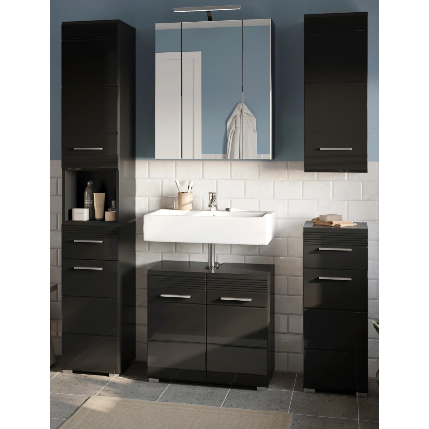 Inn.Furn Badmöbel-Set in Schwarz Hochglanz 5-teilig 150 cm Leon günstig online kaufen