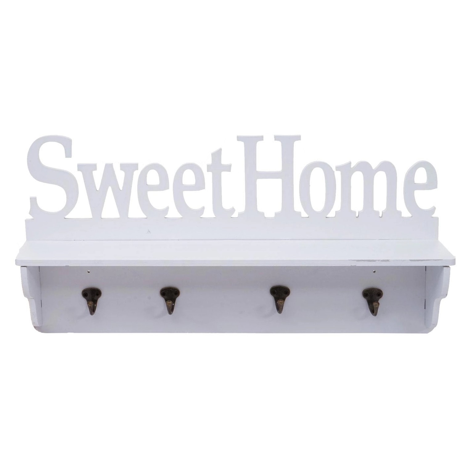 Weiße Wandgarderobe "Sweet Home" mit 4 Haken und Ablagefläche.